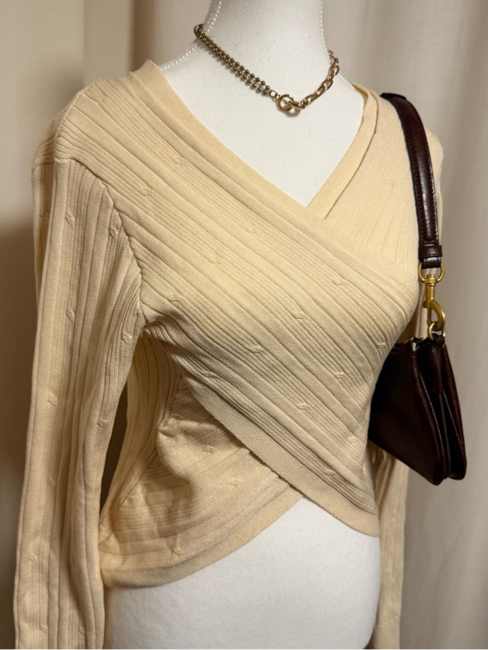 No brand Butter Cream color Ribbed Wrap V-Neck Sweater - Picture 2 of 5